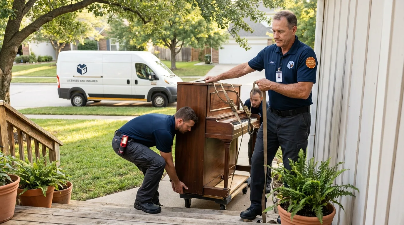 Licensed piano movers securing grand piano in Saint Paul, IN