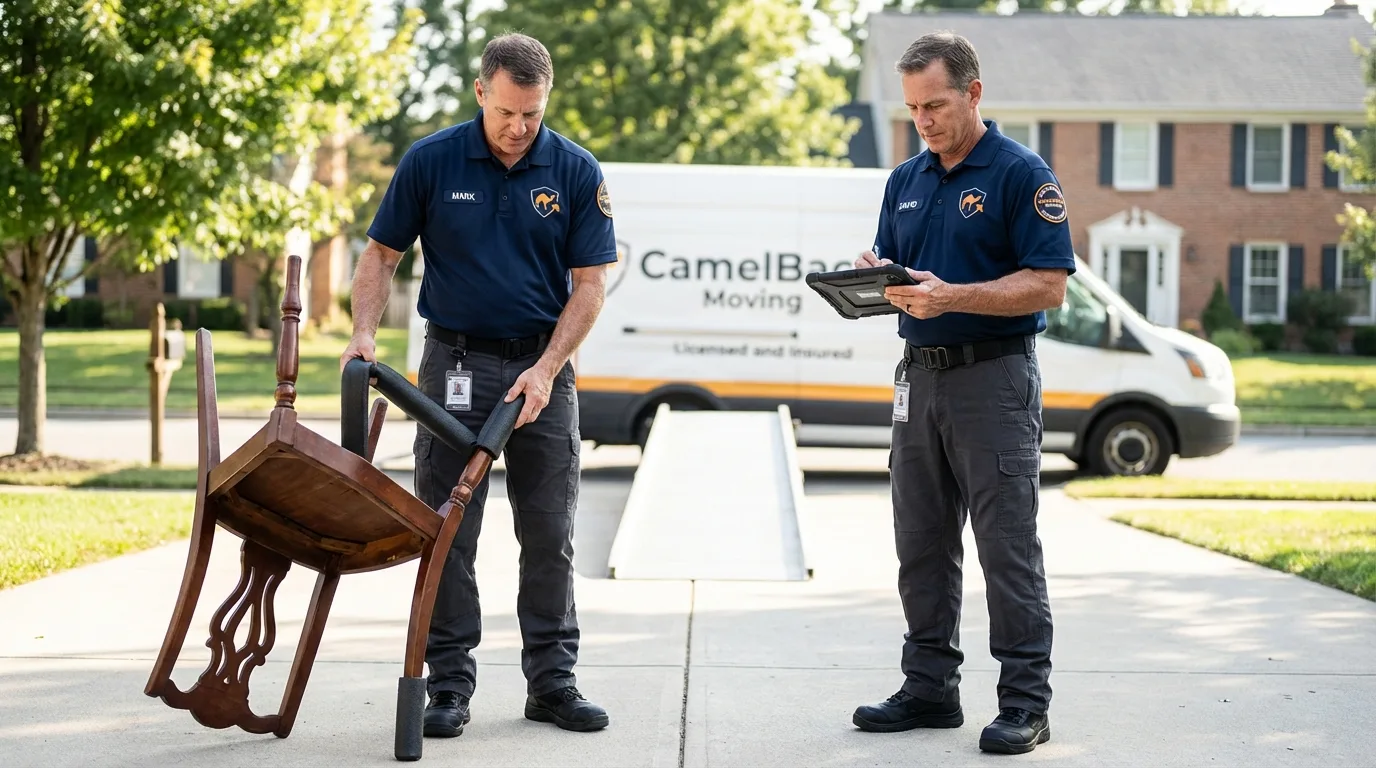 Movers inspecting furniture for damage prevention before loading in Saint Paul, IN