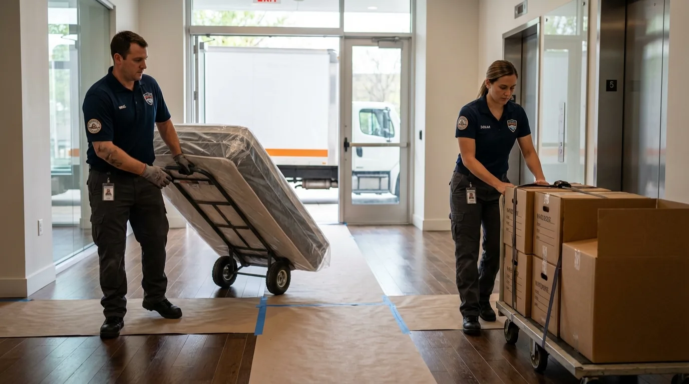 Professional apartment movers loading elevator in Saint Paul, IN