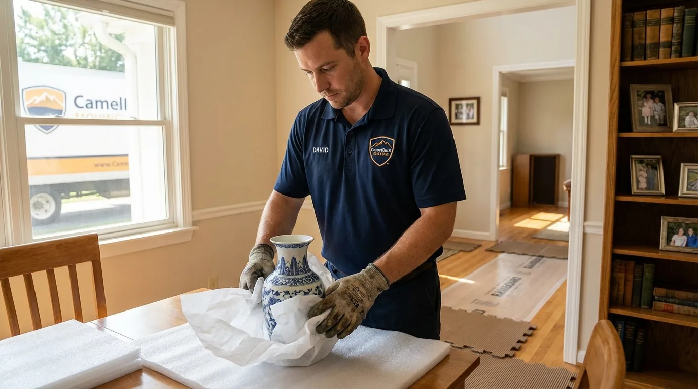 Professional crew carefully wrapping antique vase for senior downsizing move in Saint Paul, IN